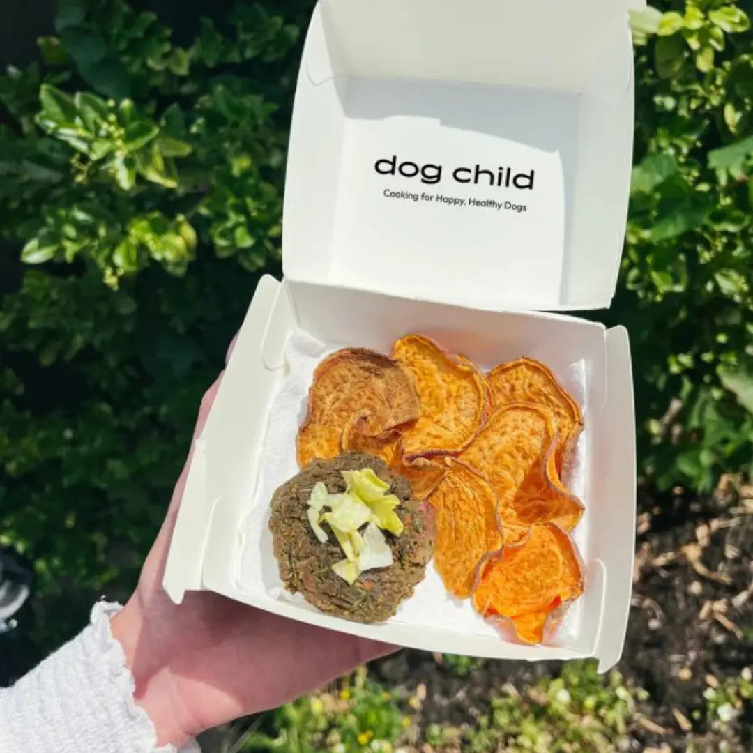 Box with sweet potato chips and doggy burger in it
