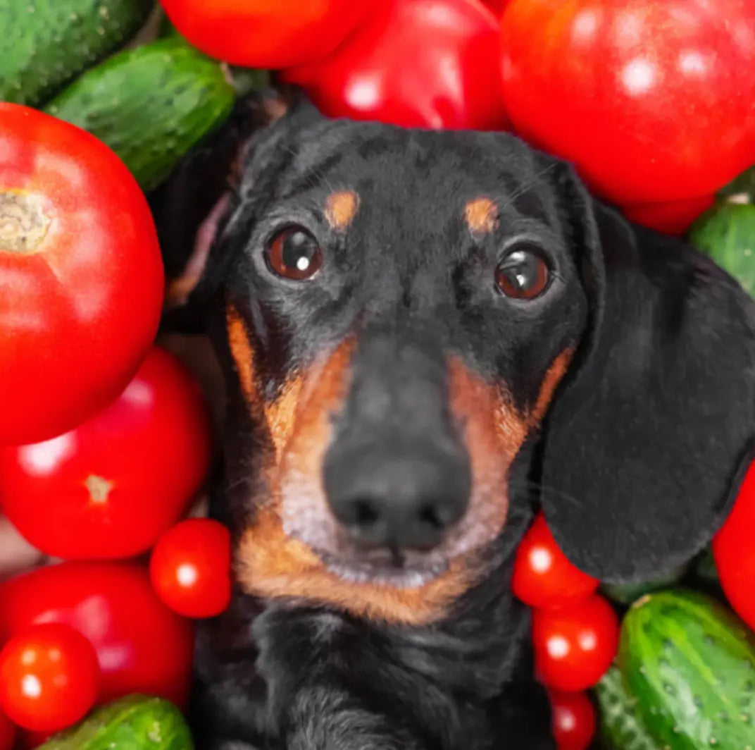 dog laying in tomatoes