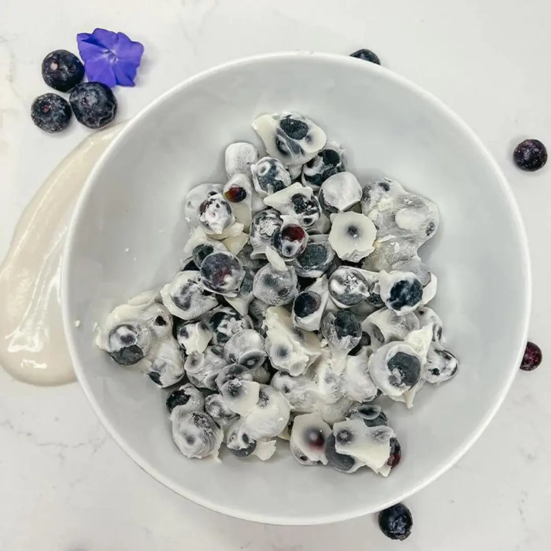 Bowl with yogurt covered blueberries in it